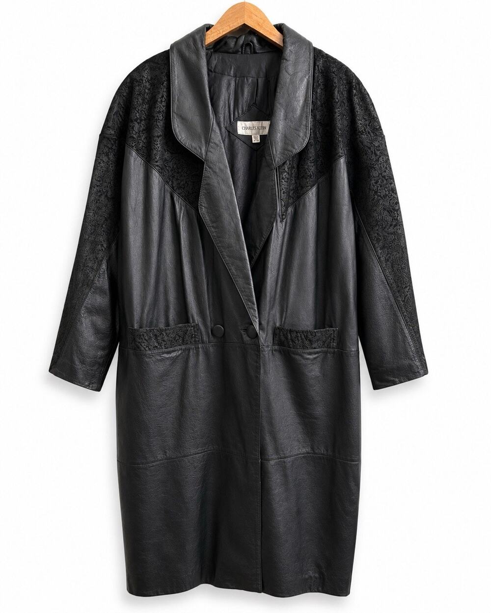 Vintage 80s Charles Klein Black Leather Paisley Cocoon Coat Plus Size 20.5 EUC
